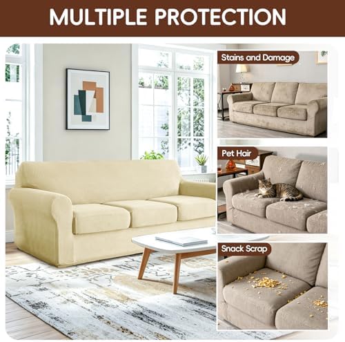 4 Pieces Stretch Couch Covers for 3 Cushion Sofa Cover Decorative Sofa Slipcover Non Slip Washable Thick Soft Elastic Furniture Protector for Pets,(Large, Ivory)