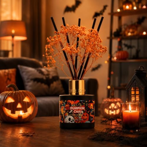 Airkeep Halloween Reed Diffuser Set,3.38 fl oz (100 ml) - Pumpkin Chai Oil Diffusers with 8 Reed Sticks, Home Fragrance Reed Diffuser for Bathroom Shelf Decor