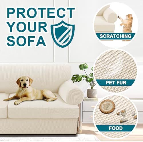 Turquoize 3 Piece T Cushion Loveseat Slipcovers Sofa Cover for 2 Cushion Couch Cover Washable Sofa Slipcover Furniture Covers with 2 Individual T Cushion Seat Covers (2 Cushion Loveseat, Cream)