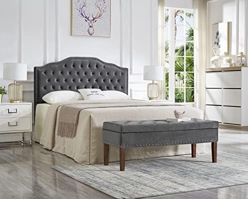 24KF Upholstered Button Tufted Queen/Full Size Headboard with Nailhead Trim, Soft Velvet Fabric - Dark Gray