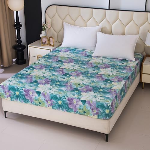 Bedding Fitted Sheet with Deep Pocket,Oil Painting Style Printed Fabric Bed Sheets (Green Floral,King)