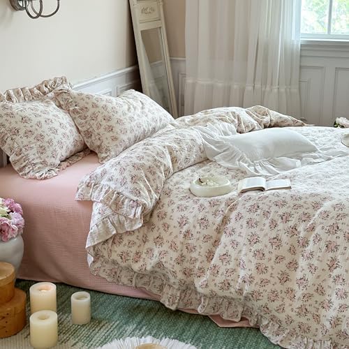 BuLuTu Chic Shabby Floral Duvet Cover King Cotton Muslin Bedding Set 3 Pieces, Cottagecore Ruffled Princess Comforter Cover with 2 Pillowcases, Pink Peony Pattern Quilt Cover for King Bed