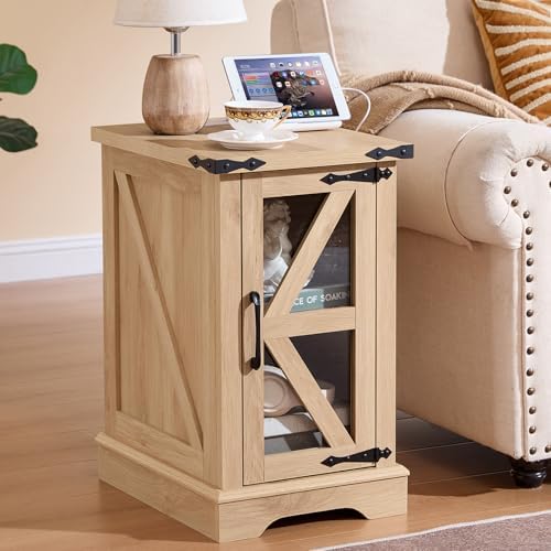 Joaxswe Narrow Night Stand with Charger Station, Glass Barn Door
