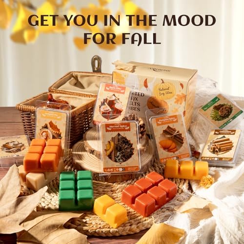 Fall Wax Melts Tarts, Strong Scented Autumn Wax Cubes, 8 Pack Soy Wax Cubes for Warmer - Pumpkin Pie, Cinnamon, Harvest Spice, Apple Cider, Pine, Vanilla, Snickerdoodle, Pumpkin Spice