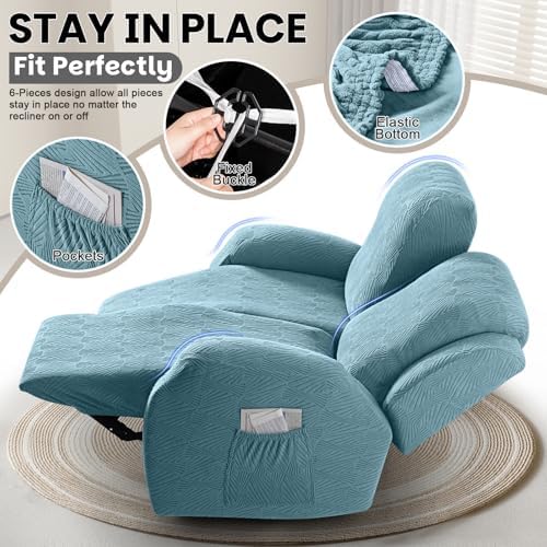 VANSOFY Stretch Recliner Loveseat Cover, 6-Pieces Slipcover, 2 Seat,Light Blue