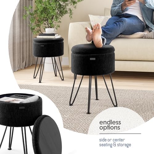 Round Ottoman with Storage, Textured Velvet Storage Ottoman, Foot Stool Ottomans, Makeup Vanity Stool, Small Ottomans Foot Rest, Modern Vanity Stools for Living Room and Bedroom, Black