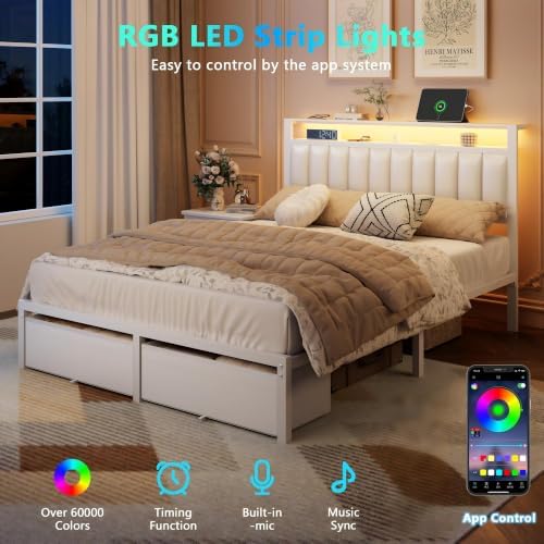 Furnulem White Queen Bed Frame with PU Upholstered Headboard & 2 Drawers