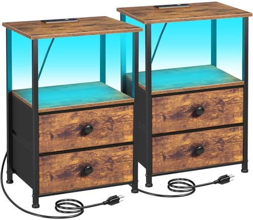 LOAKEKEL Nightstands Set of 2, LED Night Stand with Charging Station