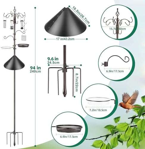 Bird Feeding Station Kit with Squirrel Baffle Bird Feeder Pole with Suet Cage Mesh Tray Fruit Hook Double W Hook for Attracting Wild Birds and Hanging Planter Hanger Lights