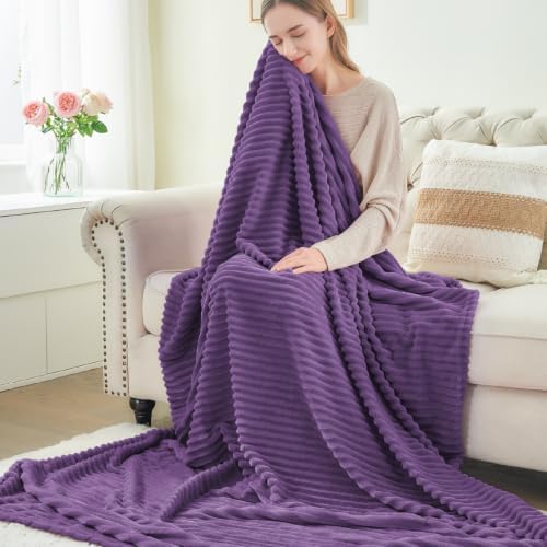 BEDELITE Ribbed Jacquard Purple Fleece Throw Blanket for Couch, 50x60 Inch