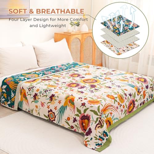 Flower and Bird Boho Throw Blanket for Bed Couch 80"×90"