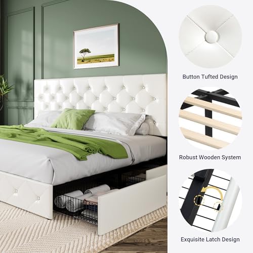 Allewie King Size Storage Bed Frame with 4 Underbed Drawers, Upholstered Platform Bed with Adjustable Headboard, Diamond Button Tufted, Easy Assembly, Noise-Free, No Box Spring Needed, White