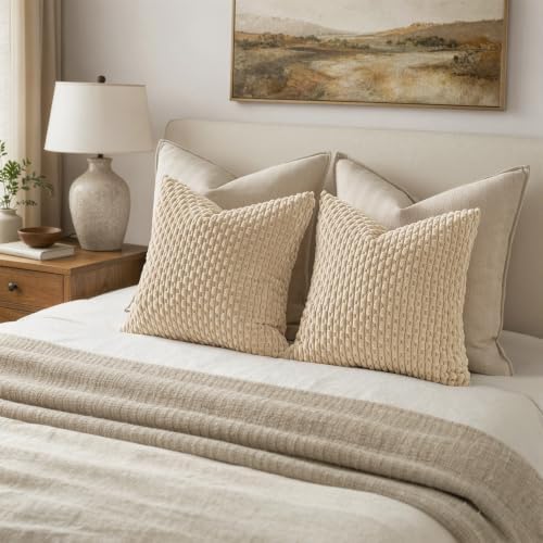 MIULEE Decorative Throw Pillow Covers 20x20 Beige Textured Corduroy