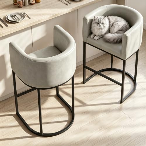 26" H Counter Height Bar Stools Set of 4, Modern Barrel Counter Stools with Backrest and Arms, Faux Leather Upholstered Accent Barstools for Kitchen Island,Support 450 LBS (Grayish White)
