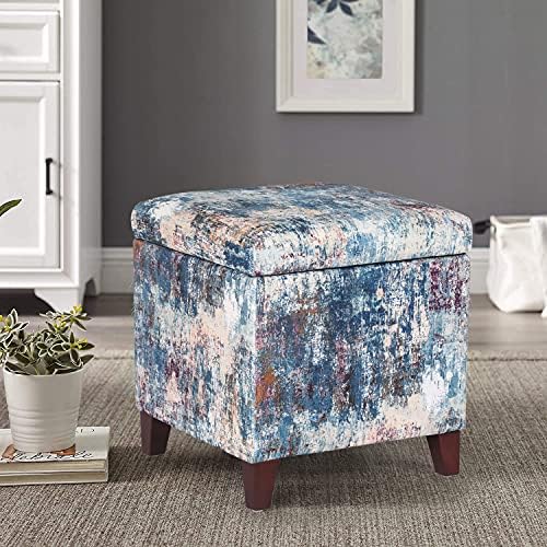 Adeco 18 Inch High Cube Ottoman Storage, Linen Chair Foot Stools, Upholstered Vanity Stool with Hinged Lid, Solid Wood Legs