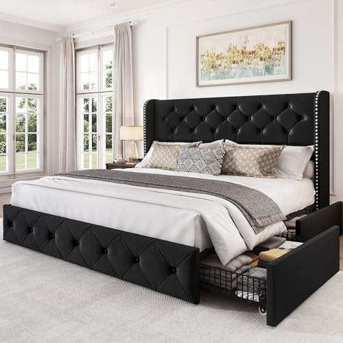 LARMACE Queen Size Bed Frame with 4 Storage Drawers and 47.2" Tall Wingback Headboard Upholstered Platform Beds Velvet Tufted Bed Frame with Wooden Slats Support, Easy Assembly, Black