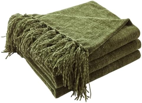 CozeCube Chenille Throw Blanket, Olive Green Fringe Blanket, 50"X60"