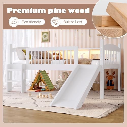 Bellemave Twin Loft Bed with Slide and Ladders, Solid Wood Low Loft Bed with Storage Shelves and LED Lights, Loftbed Frame for Kids, Boys, Girls, Childlike and No Box Spring Needed Design, White