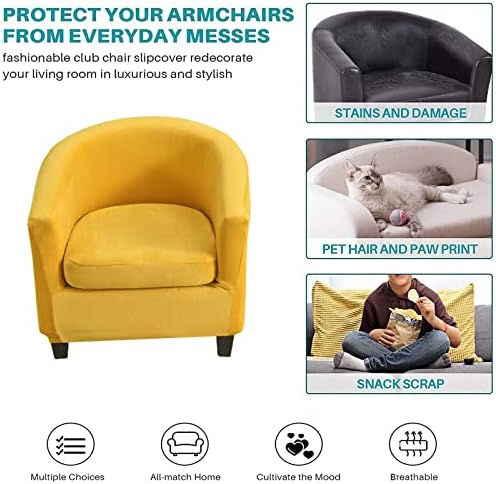 NILUOH Velvet Club Chair Slipcover 2 Piece Stretch Tub Chair Cover Round Barrel Chair Covers Non Slip Armchair Covers Couch Covers with Elastic Bottom for Bar Counter Living Room(Yellow)