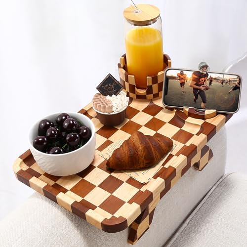 Nnewvante Checkerboard Couch Armrest Table, 3 in 1 Clip-on Table Rubberwood