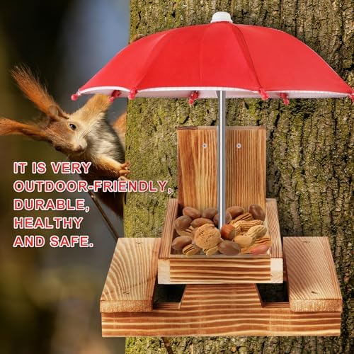 Gnodary Squirrel Feeder with Umbrella, Squirrel Feeders for Outside, Squirrel Picnic Table Feeder - Chipmunk Feeder Hold Corn, Corn Cob, Peanuts Style2 (Red)