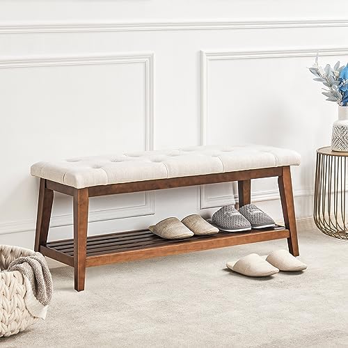 kinkinmars Entryway Bench with Shoe Rack, 42.5" Bedroom Bench, Beige
