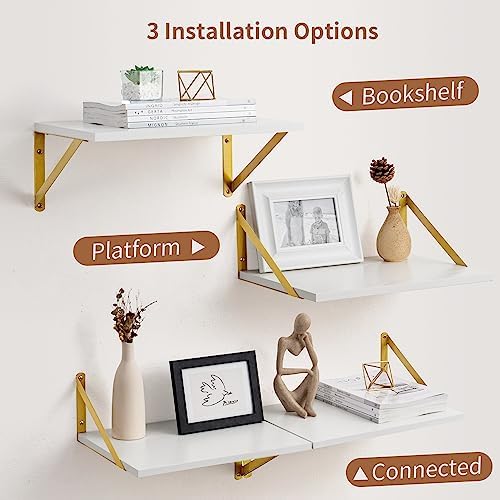 Axeman Deep Floating Shelves for Wall, 12 Inch Deep White and Gold Shelves Set of 2, 16W x 12D White Wood Wall Shelves with Golden Brackets for Bedroom Bathroom Living Room Kitchen - White & Gold