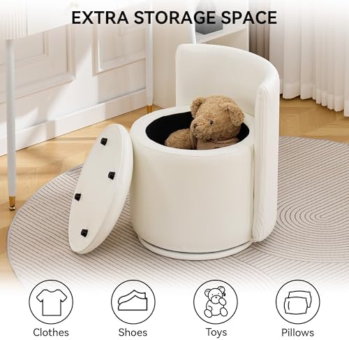 WUTUTUEE Faux Leather Vanity Chair with Storage, 360° Swivel Makeup Chair with Pleated Back, No Assembly Small PU Accent Stool for Bedroom, Dressing Room, Living Room, White