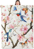 Watercolor Hummingbird Blanket Lightweight Blankets Gifts for Nature Lover Flannel Throw with Pink Cherry Blossom and Butterfly Printed for Sofa, Bed, Travel, Spring Decor Throws 50x40 Inch