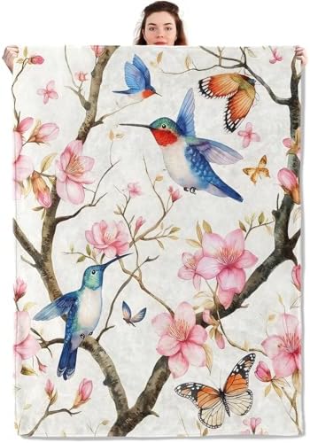 Watercolor Hummingbird Blanket Lightweight Blankets Gifts for Nature Lover Flannel Throw with Pink Cherry Blossom and Butterfly Printed for Sofa, Bed, Travel, Spring Decor Throws 50x40 Inch
