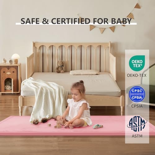 Play Mat for Babies Toddlers,1.3" Thick Elasti-Foam Anti-Fall Cushion Mat for kids Room,28×72 Bedroom Bedside Rugs,Water-Repellent Soft Coral Velvet,Non-Slip(Pink)