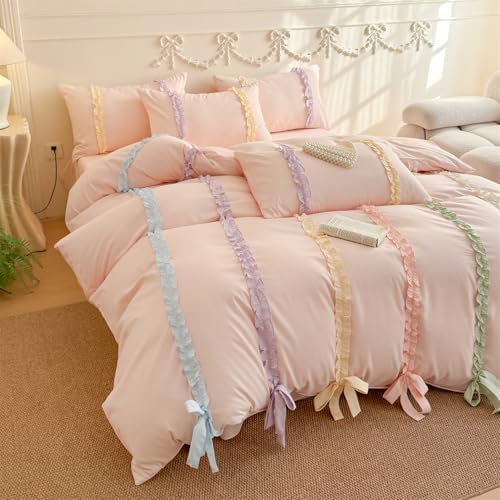 Colorful Striped Ruffled Bedding with Cute Bow,Chic Ruffle Romantic Queen Duvet, Coquette Aesthetic Style 3 piece Duvet Cover Set-1Queen Duvet Cover with 2 Pillowcases, No Comforter