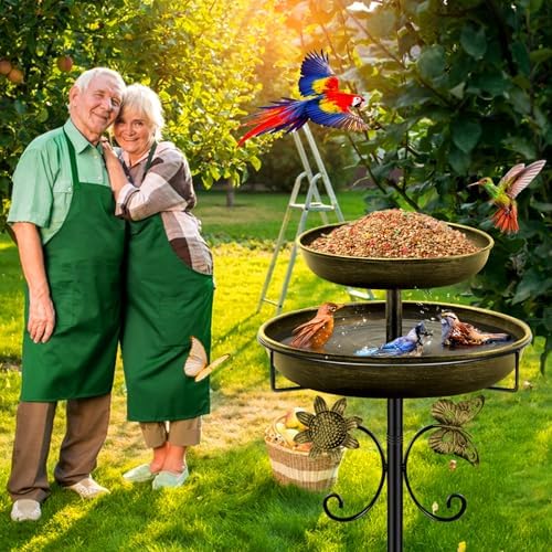 Daoeny Bird Bath for Outside, 42In Vintage Freestanding Birdbaths for Outdoors, Double Metal Bird Bath Feeder Bowls for Garden Patio Yard Lawn Decor, Upgraded 5-Pronged Base (Antique Golden)