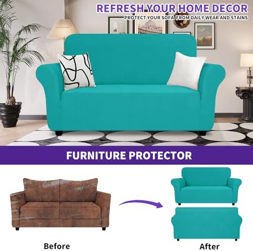 ZNSAYOTX Super Stretch Loveseat Covers (57"-70"), New Striped Love Seat Slipcover, Dogs Pet Friendly Anti-Slip Couch Protector Spandex Durable 2 Seater Fabric Sofa Cover (Loveseat, Peacock Teal)