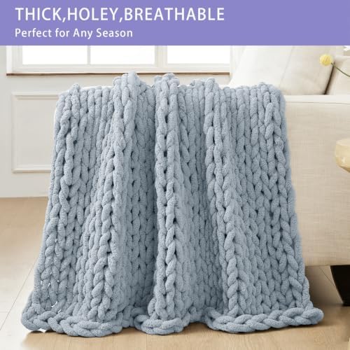 Bigacogo Chunky Knit Throw Blanket for Couch, 40x40 inches, Fog Blue