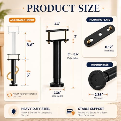 4Pcs Bed Frame Support Leg, Adjustable Height 5"-8.6", Extra Sturdy Steel Bed Frame Support Legs with Wider Rubber Base, More Stable/Quieter, Bed Slat Reinforcement Kit for King/Queen Bed