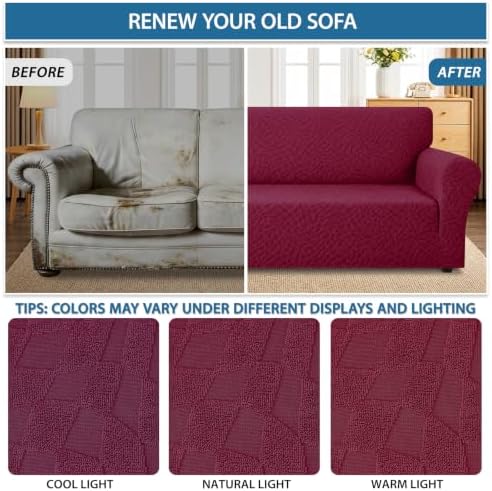 ZNSAYOTX 1 Piece Stretch Oversized Sofa Covers (91"-112"), New Plaid Couch Cover with Non-Slip Buckle for Dog Pets, Ultimate Soft Cozy Washable X-Large Sofa Slipcover Form Fit Protector, Wine Red