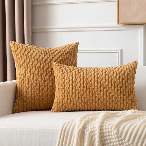 Kevin Textile Soft Corduroy 22x22 Inch Pillow Covers 2 Pack, Gold