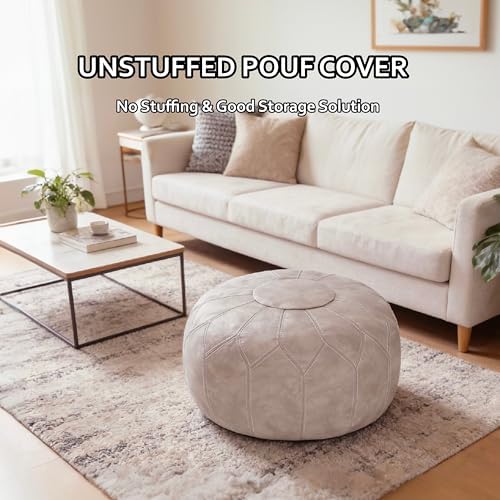 Thgonwid Round Unstuffed Pouf Cover, Faux Leather Storage Ottoman, Boho Moroccan Foot Stool, Multi-Purpose Home Decor for Living Room, Bedroom and Balcony, Mushroom Color, No Filling Included