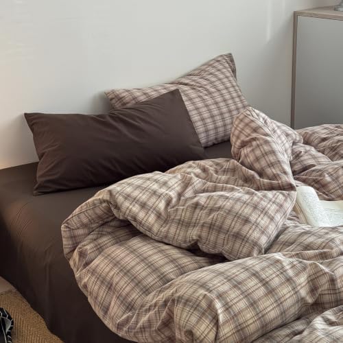 mixinni Vintage Buffalo Plaid Duvet Cover Set King Size - 3 Piece Washed Cotton Bedding Set, Neutral Brown Beige Coffee Grid Plaid Duvet Cover with Pillowcases, Retro Bedding for All Seasons