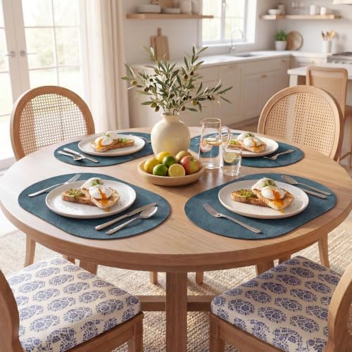 MOSAYT Vinyl Faux Leather Oval Placemats, Set of 6, Navy Blue