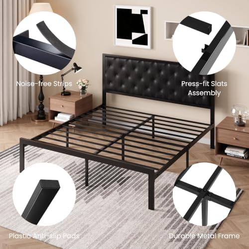 SHA CERLIN King Size Metal Bed Frame with PU Tufted Headboard, Black