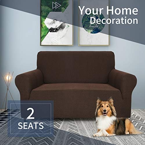 JIVINER High Stretch 1-Piece Jacquard Small Checks Couch Covers for 2 Cushion Couch Anti Slip Love Seat Sofa Covers Loveseat Slipcovers Protector for Kids Pets (Loveseat, Coffee)