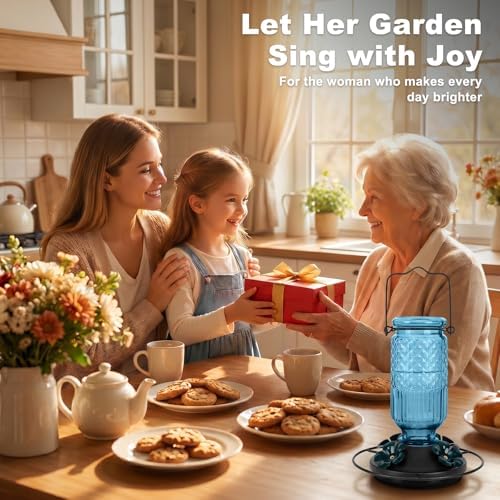 FEED GARDEN Glass Hummingbird Feeder for Outdoors Hanging, 16 OZ Humming Birds Feeders with 4 Bee Guard Feeding Ports & Built-in Ant Moat, Hummingbird Gifts for Mom, Bird Feeder for Outside, Blue