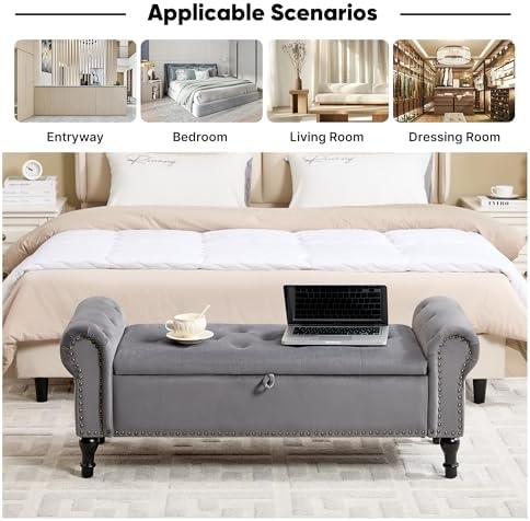51" Storage Bench for Bedroom, Velvet End of Bed Bench, Queen Size Bench with Rolled Arms, Tufted Storage Ottoman Benches, Upholstered Bench for Bedroom, Living Room, Entryway, Grey