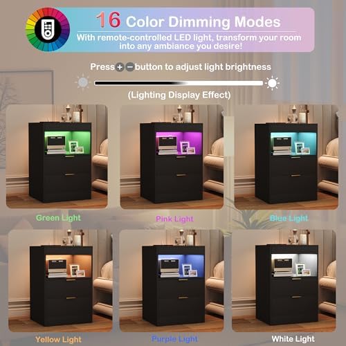 Yusong Nightstand, LED Nightstand with Charging Station, Black