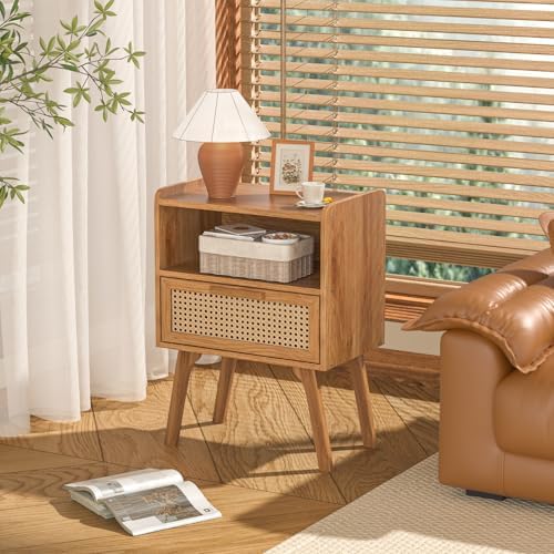 Lerliuo Rattan Nightstand, Side Table with Drawer Open Shelf