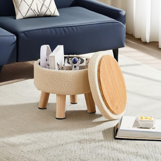 Wimarsbon Round Storage Ottoman,Footstool with Padded Seat and Wood Legs