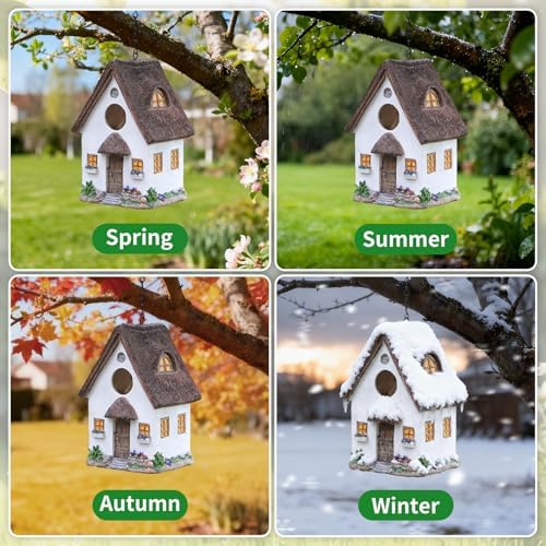 Bird Houses for Outside Rustic Cottage Birdhouse with Thatch Roof – Hand-Painted Resin Birdhouses for Outdoors for Bluebird Finches Cardinals Bird Nesting Garden, Patio, Yard