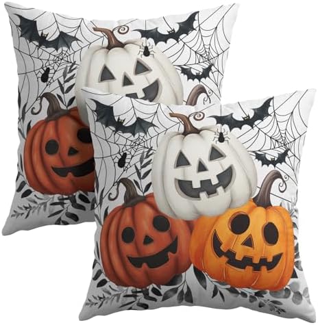 Halloween Pumpkin Throw Pillow Covers 22x22 Inch Pumpkins Jack-O-Lanterns with Black Bat Web Decorative Holiday Pillow Case Cotton Linen Fall Farmhouse Cushion Cover for Home Sofa Couch